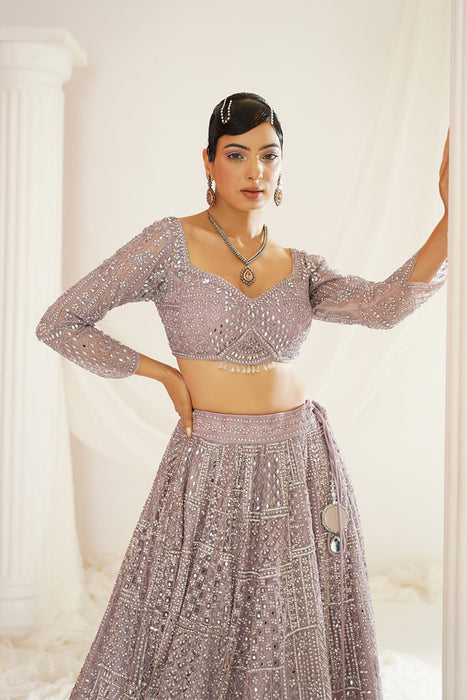 Lavender embellished choli, lehenga and dupatta set