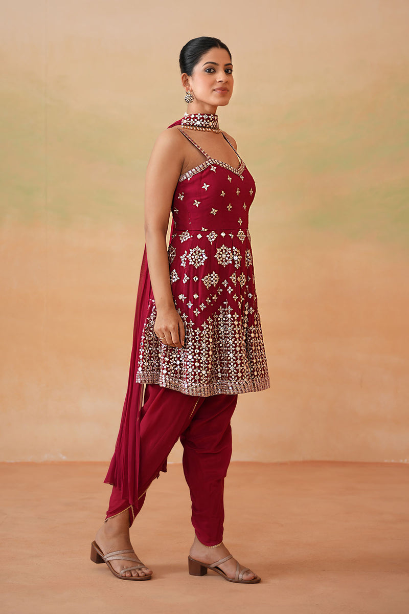 Maroon Embroidery Fabric Peplum Kurti, Tulip Salwar and Choker Dupatta