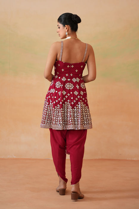 Maroon Embroidery Fabric Peplum Kurti, Tulip Salwar and Choker Dupatta