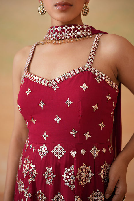 Maroon Embroidery Fabric Peplum Kurti, Tulip Salwar and Choker Dupatta