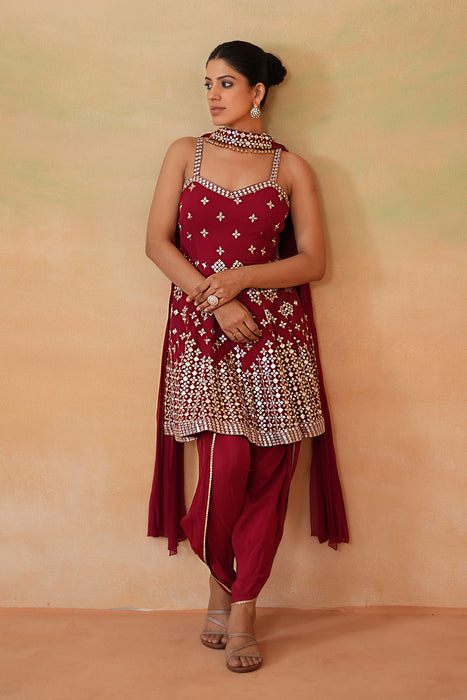 Maroon Embroidery Fabric Peplum Kurti, Tulip Salwar and Choker Dupatta