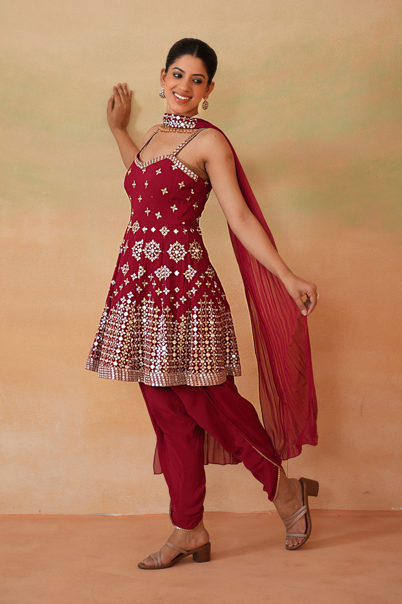 Maroon Embroidery Fabric Peplum Kurti, Tulip Salwar and Choker Dupatta