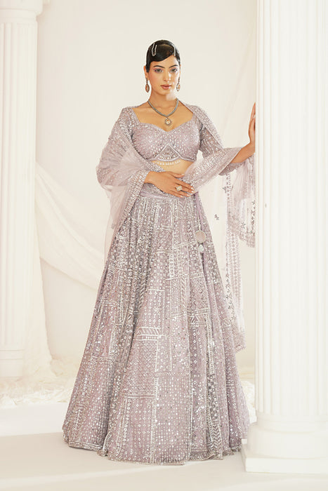 Lavender embellished choli, lehenga and dupatta set