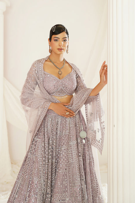 Lavender embellished choli, lehenga and dupatta set