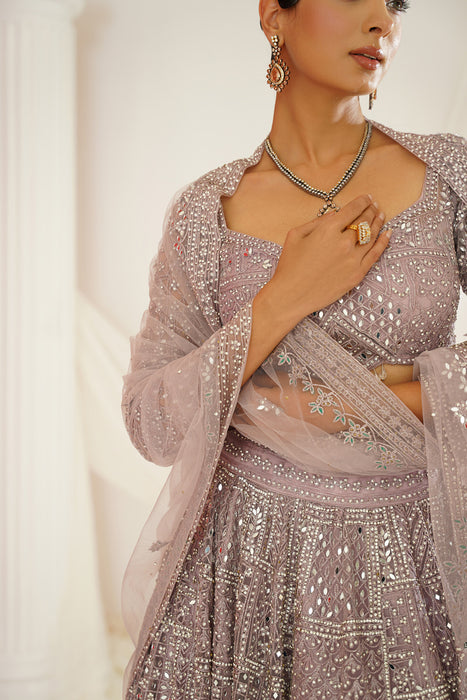Lavender embellished choli, lehenga and dupatta set