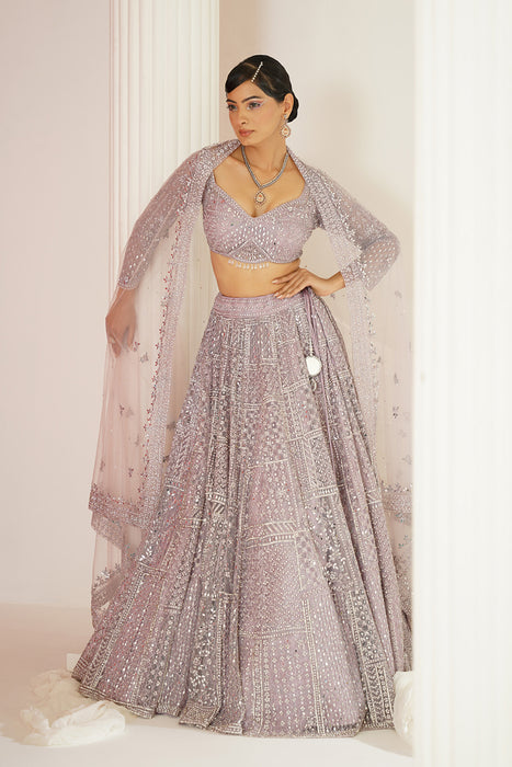 Lavender embellished choli, lehenga and dupatta set