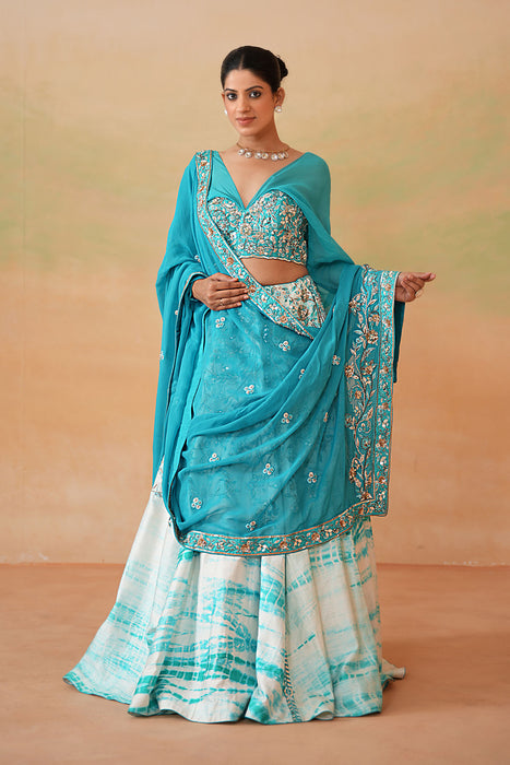 Sky Blue Embroidered blouse and Tie and Dye Lehenga