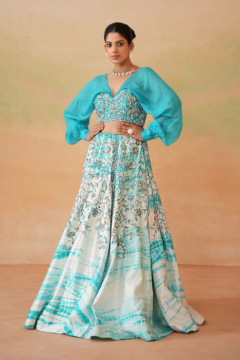 Sky Blue Embroidered blouse and Tie and Dye Lehenga
