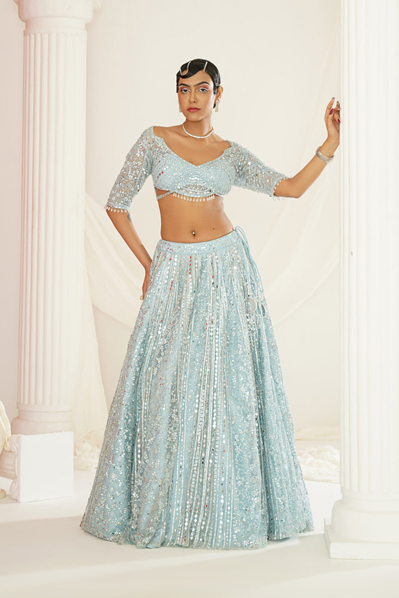 Aqua blue embellished choli, lehenga and dupatta set