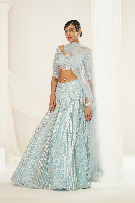 Aqua blue embellished choli, lehenga and dupatta set