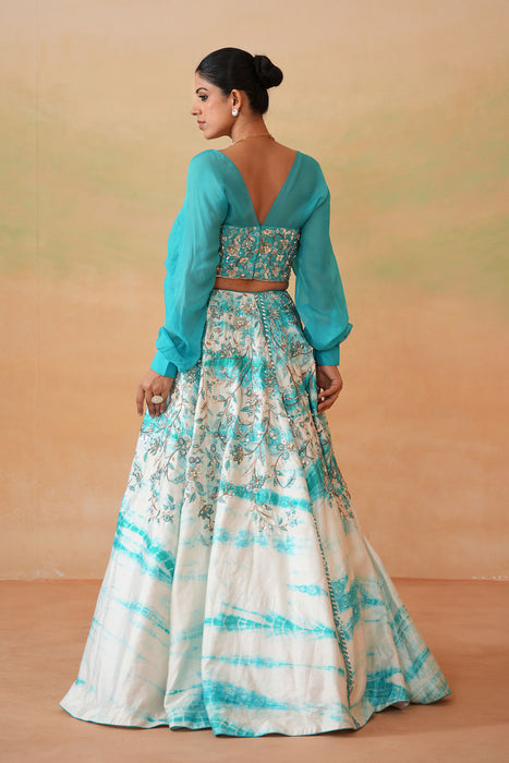 Sky Blue Embroidered blouse and Tie and Dye Lehenga