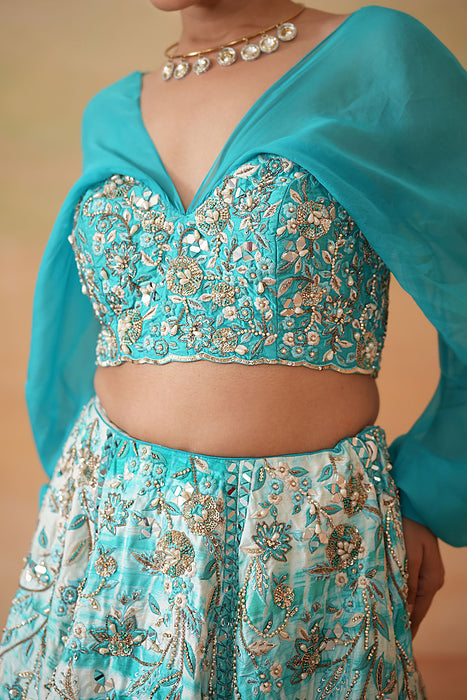 Sky Blue Embroidered blouse and Tie and Dye Lehenga