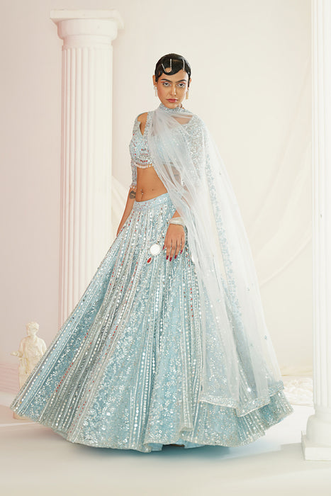 Aqua blue embellished choli, lehenga and dupatta set