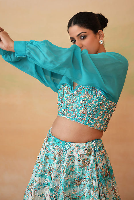 Sky Blue Embroidered blouse and Tie and Dye Lehenga