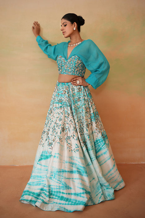 Sky Blue Embroidered blouse and Tie and Dye Lehenga