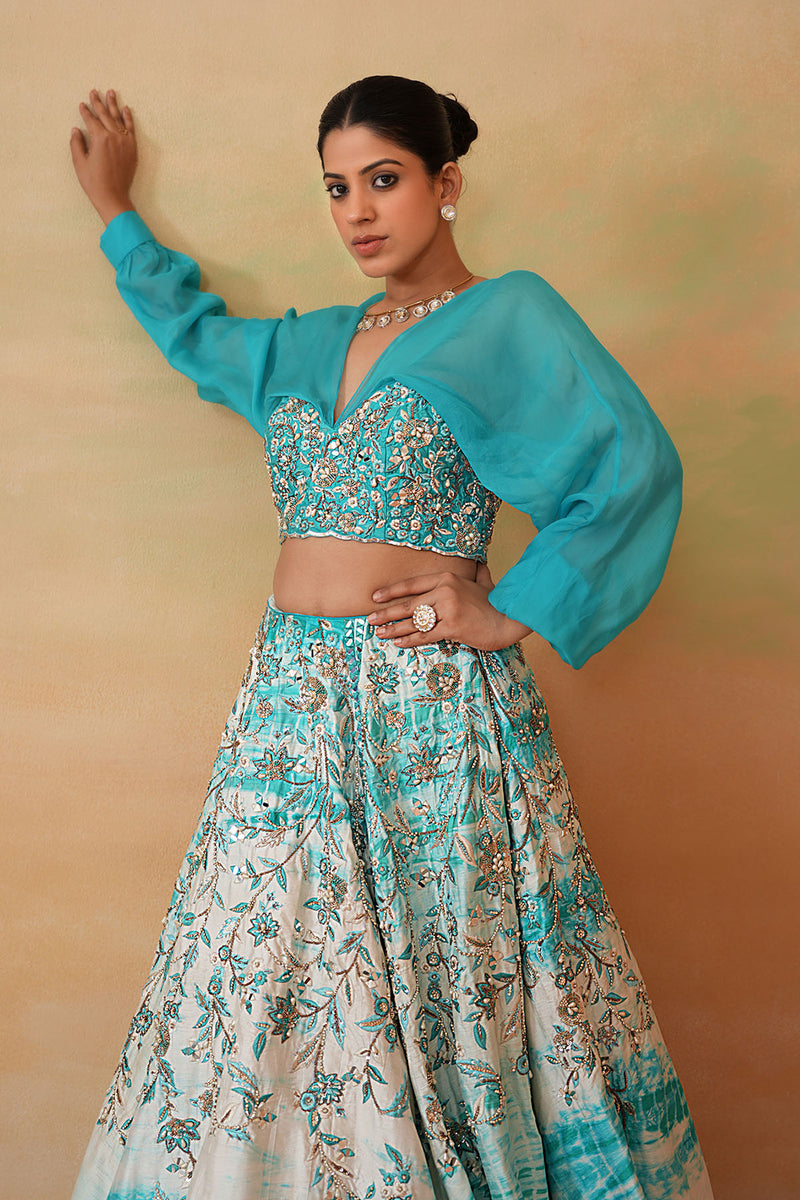 Sky Blue Embroidered blouse and Tie and Dye Lehenga