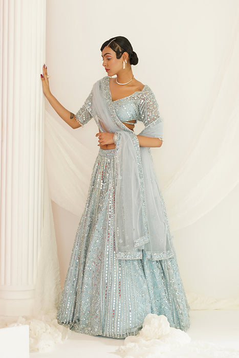 Aqua blue embellished choli, lehenga and dupatta set