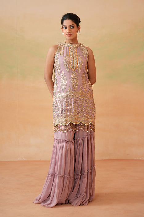 Mauve ready fabric Kurti, Garara, Mustard dupatta