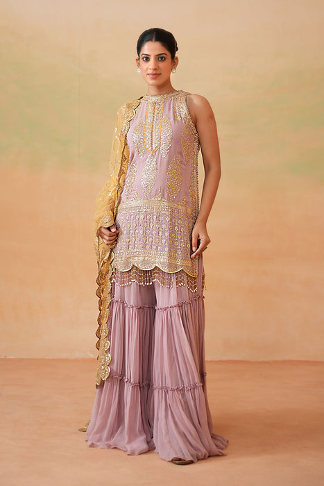 Mauve ready fabric Kurti, Garara, Mustard dupatta