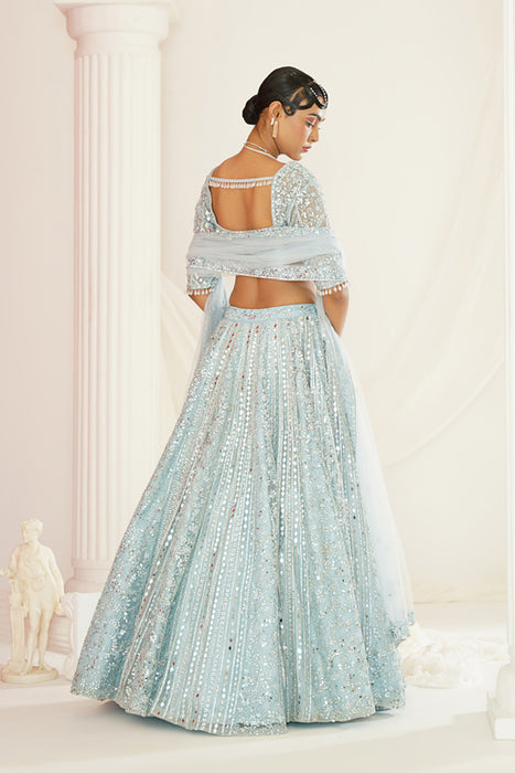 Aqua blue embellished choli, lehenga and dupatta set