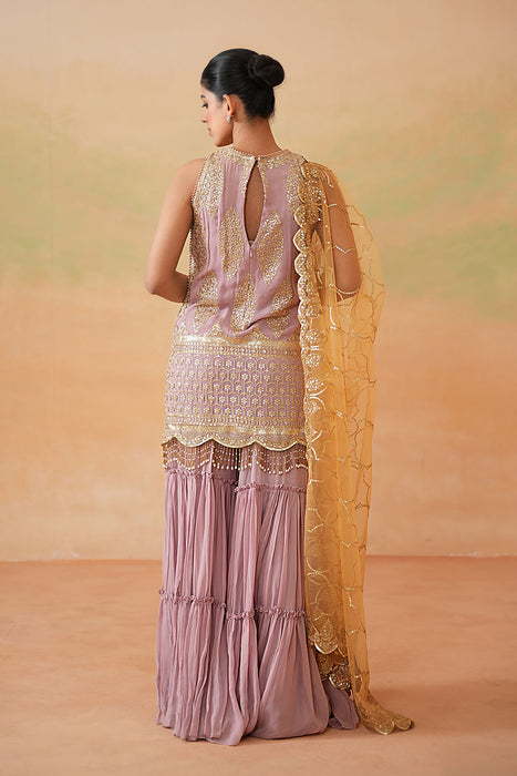 Mauve ready fabric Kurti, Garara, Mustard dupatta