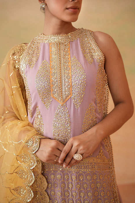 Mauve ready fabric Kurti, Garara, Mustard dupatta