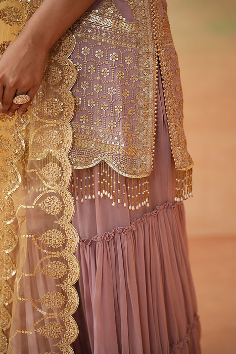 Mauve ready fabric Kurti, Garara, Mustard dupatta