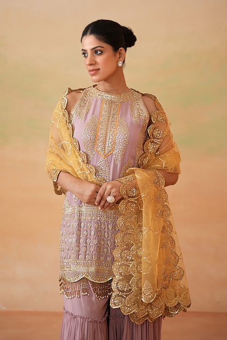 Mauve ready fabric Kurti, Garara, Mustard dupatta