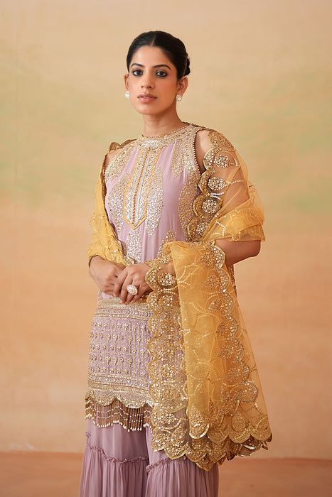 Mauve ready fabric Kurti, Garara, Mustard dupatta