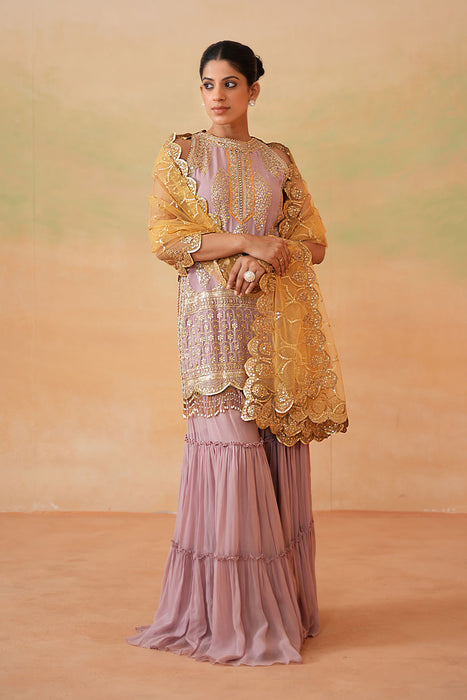 Mauve ready fabric Kurti, Garara, Mustard dupatta