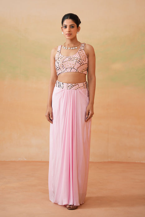 Light Pink Embroidery Blouse, Drape Skirt and Cape