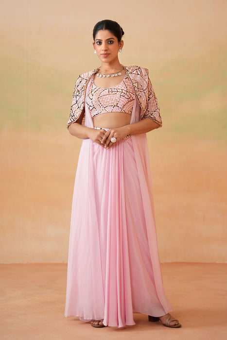Light Pink Embroidery Blouse, Drape Skirt and Cape