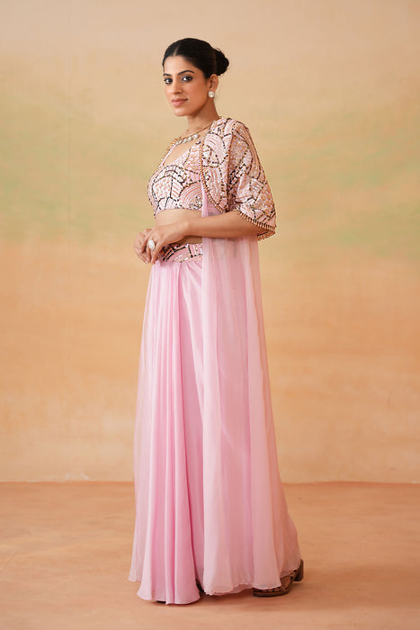 Light Pink Embroidery Blouse, Drape Skirt and Cape