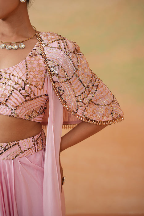 Light Pink Embroidery Blouse, Drape Skirt and Cape