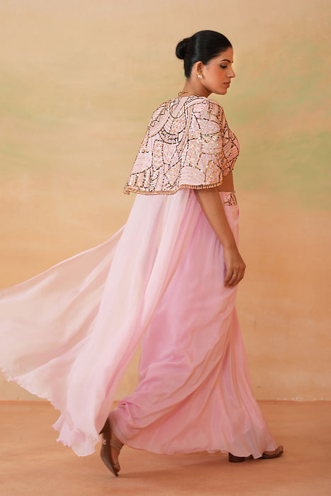 Light Pink Embroidery Blouse, Drape Skirt and Cape