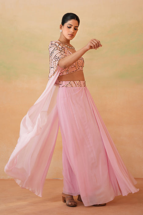 Light Pink Embroidery Blouse, Drape Skirt and Cape