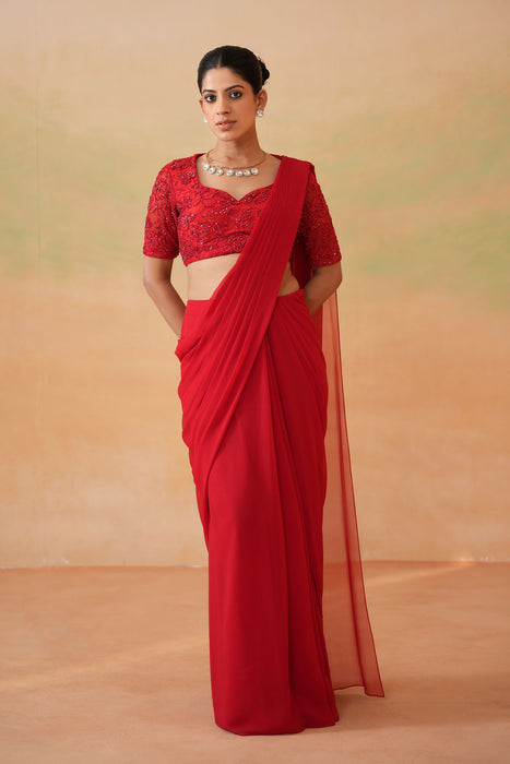 Red Embroidered Blouse and Stitched Saree Set