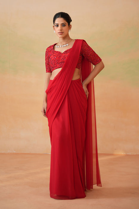 Red Embroidered Blouse and Stitched Saree Set