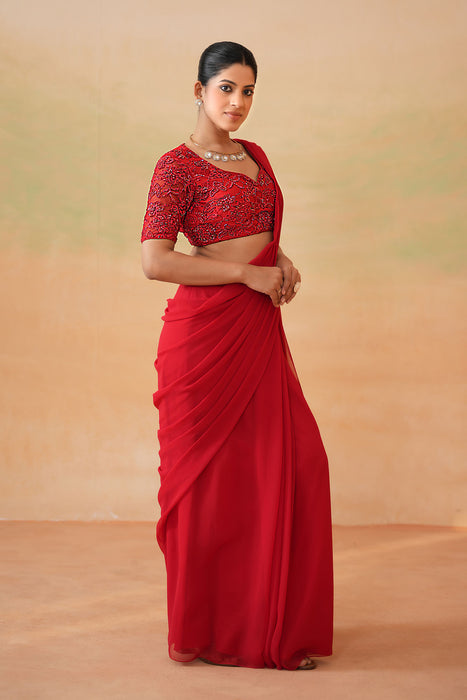 Red Embroidered Blouse and Stitched Saree Set