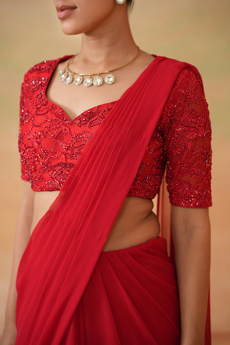 Red Embroidered Blouse and Stitched Saree Set