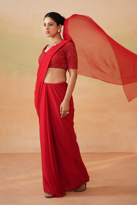 Red Embroidered Blouse and Stitched Saree Set
