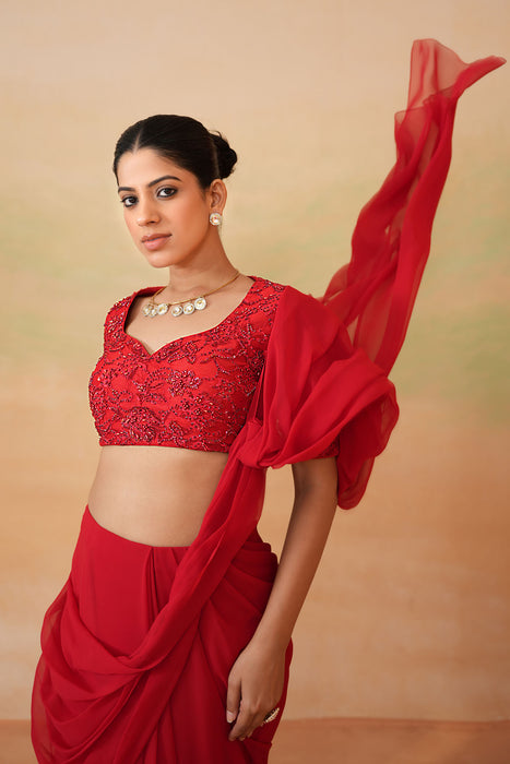 Red Embroidered Blouse and Stitched Saree Set