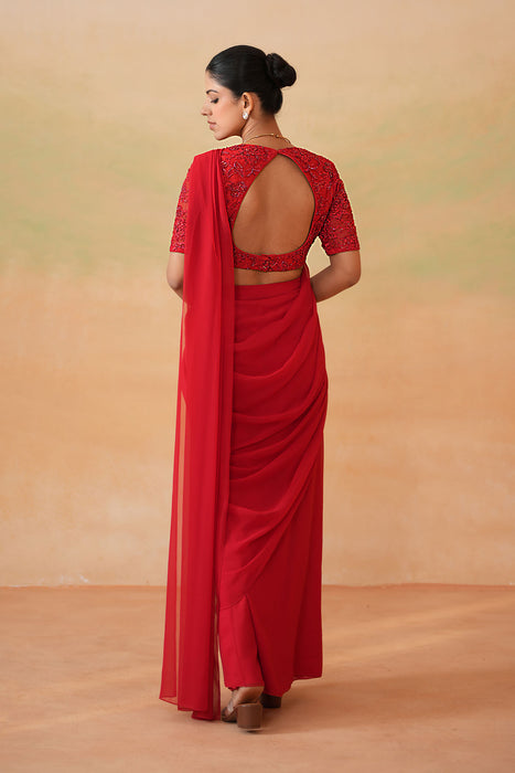 Red Embroidered Blouse and Stitched Saree Set
