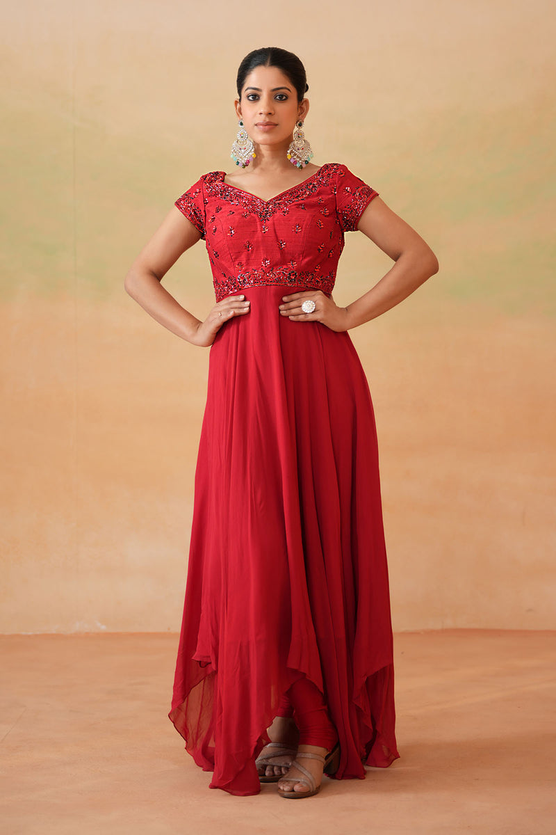 Red Embroidered Handkerchief Anarkali, Churidar and Choker Dupatta
