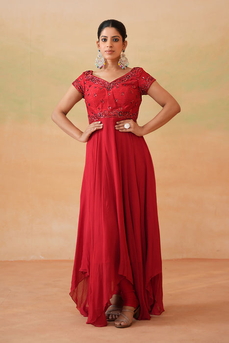 Red Embroidered Handkerchief Anarkali, Churidar and Choker Dupatta