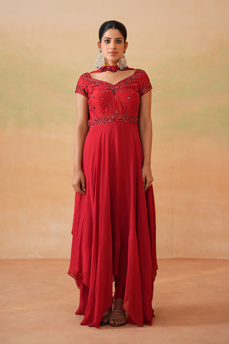 Red Embroidered Handkerchief Anarkali, Churidar and Choker Dupatta