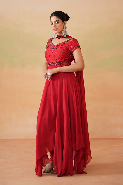 Red Embroidered Handkerchief Anarkali, Churidar and Choker Dupatta