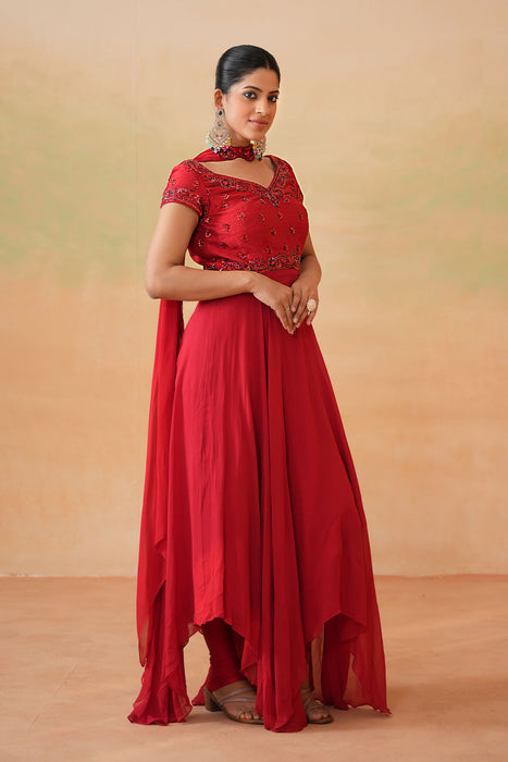 Red Embroidered Handkerchief Anarkali, Churidar and Choker Dupatta