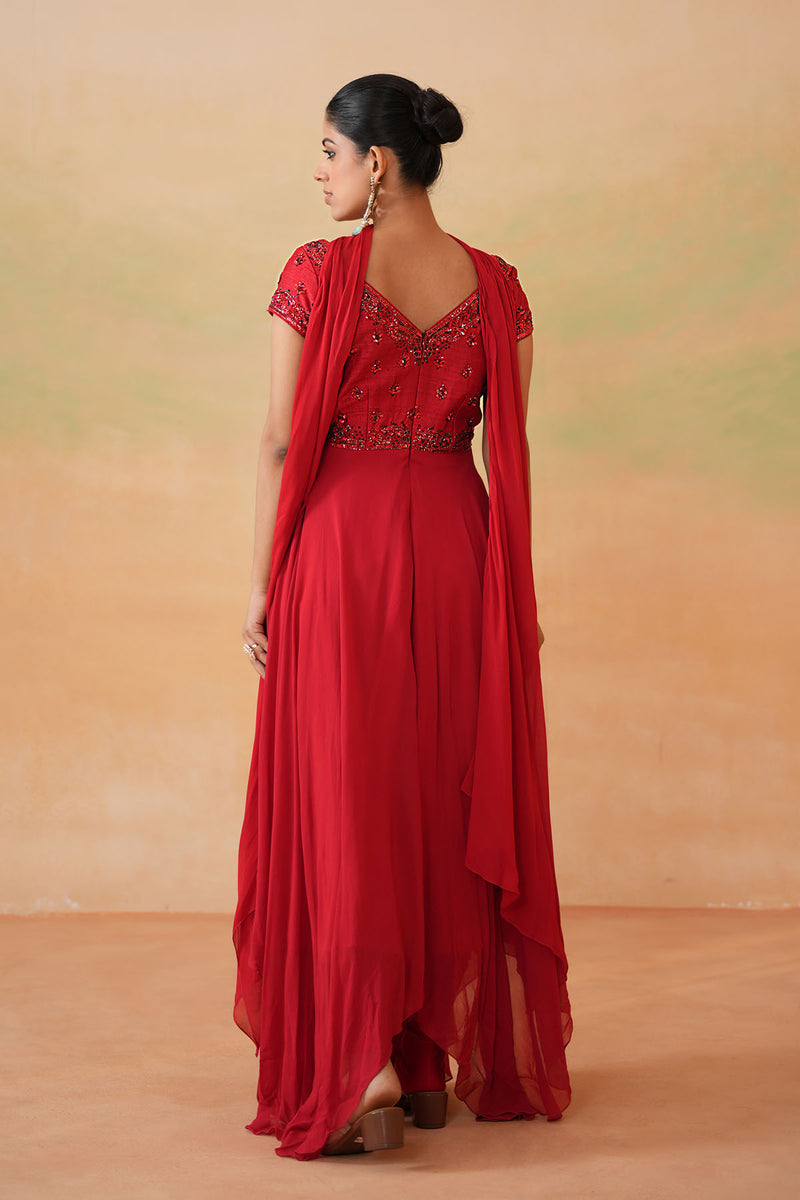 Red Embroidered Handkerchief Anarkali, Churidar and Choker Dupatta
