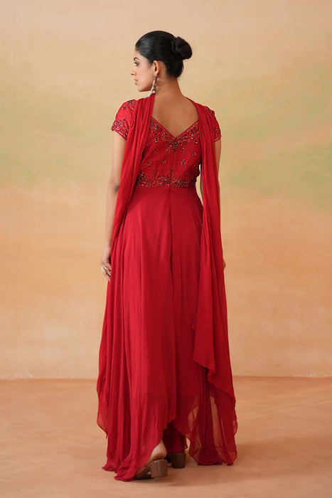 Red Embroidered Handkerchief Anarkali, Churidar and Choker Dupatta